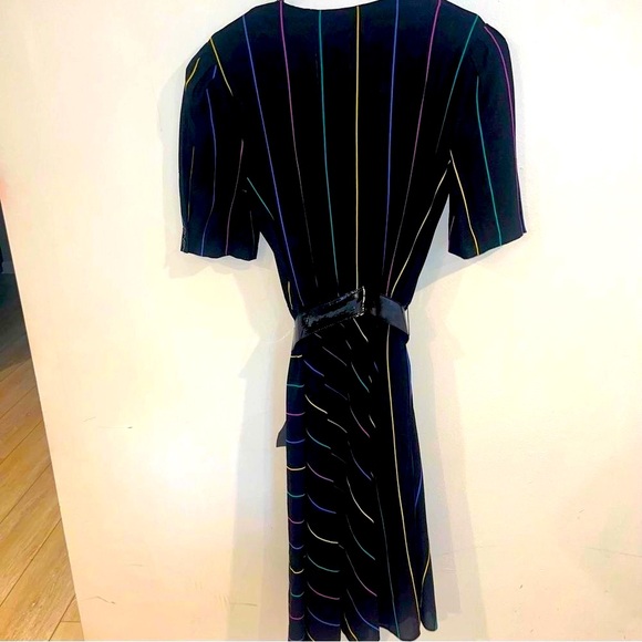 Vintage Rainbow Striped Sally Lou Day Dress Belted Large - Picture 6 of 9